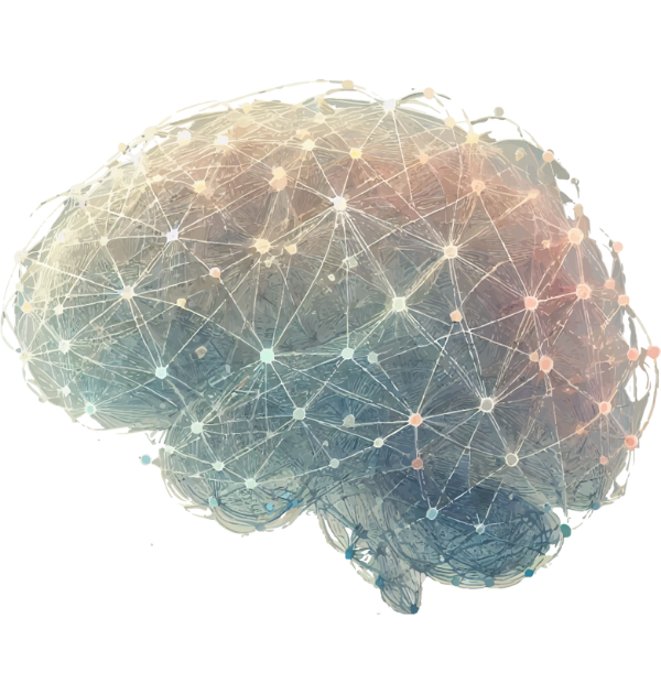 Abstract drawing of a brain made from fine lines and nodes.