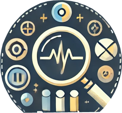 Icon for research & predictive analytics showing a cartoon image of a magnifying glass and different shapes to represent this service.