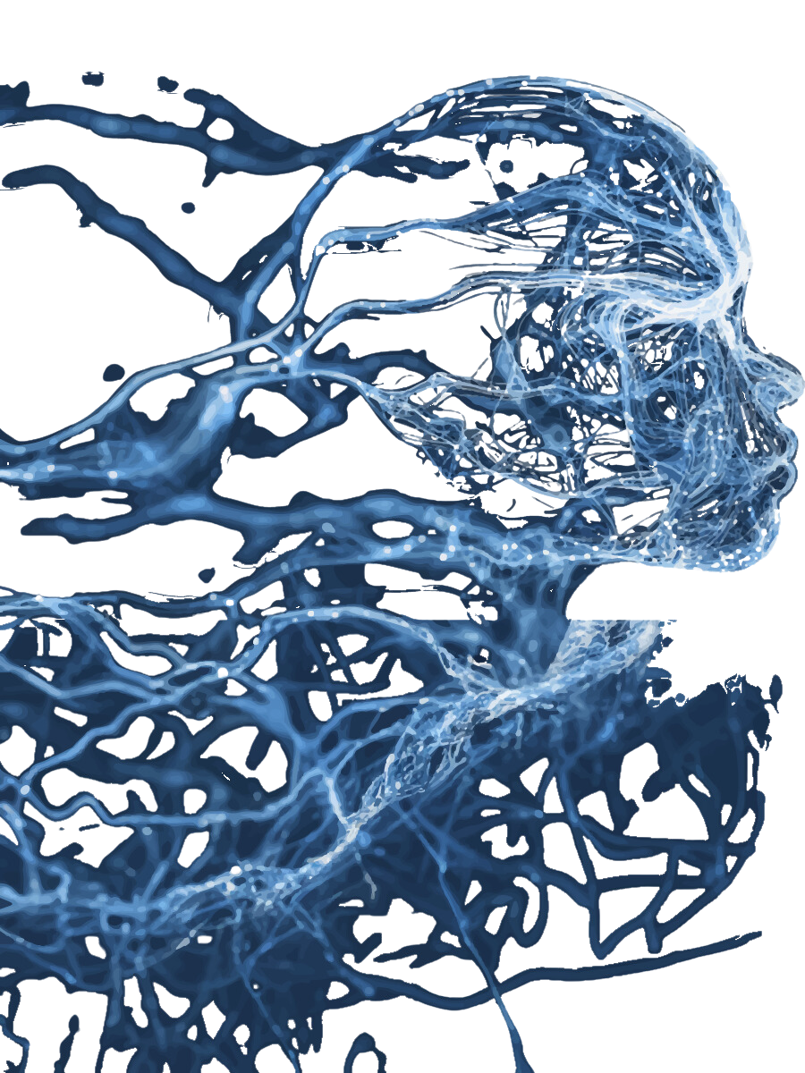 Abstract human head made from lines and colors in the whites and blues to depict the connections between our bodies and brains.